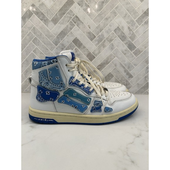 Amiri Skel Top High Bandana Blue White Leather Printed Mens‎ Size US 9 EU 42